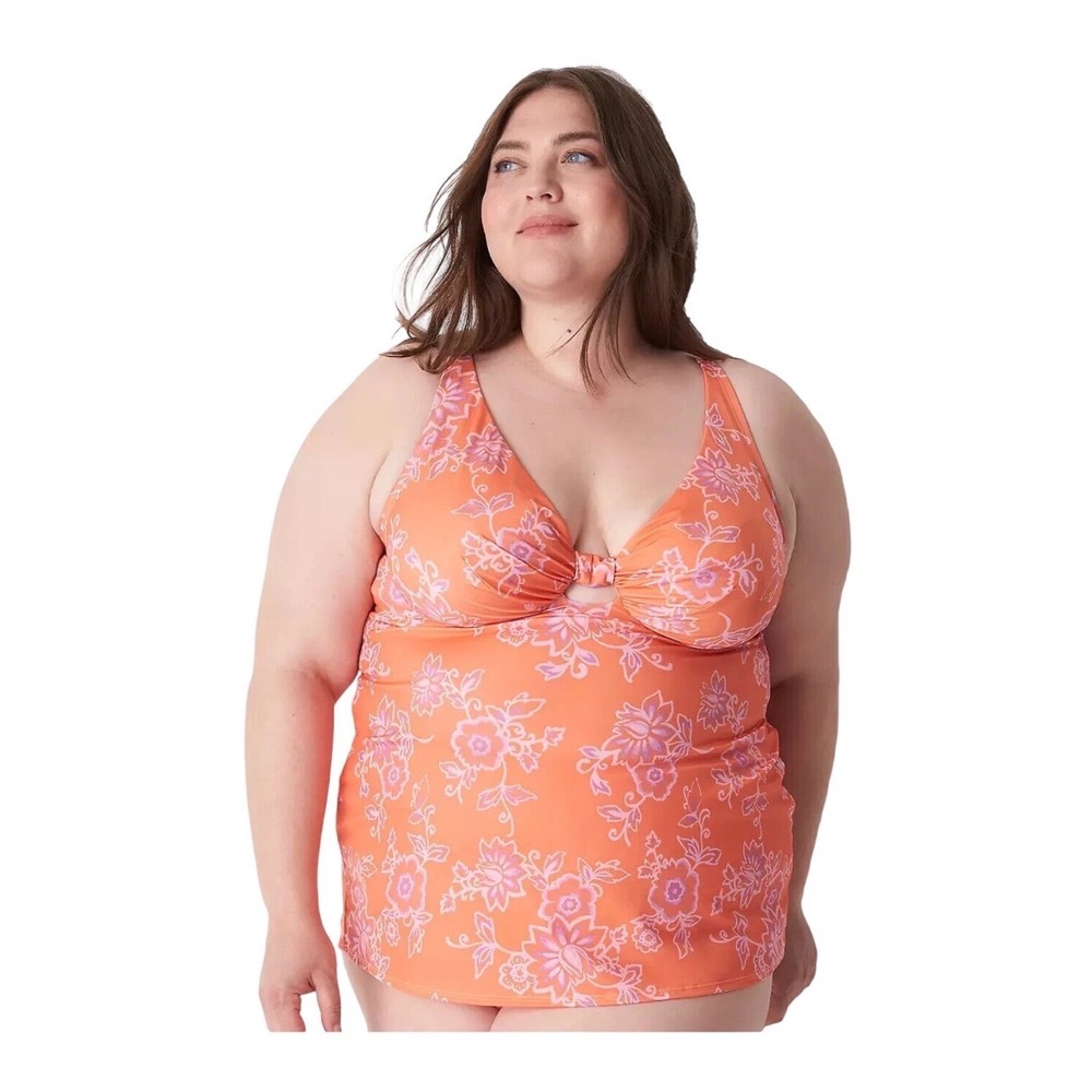 Swim By Cacique 40C Orange Pink‎ Floral Plunge Tankini Top Lightly Lined